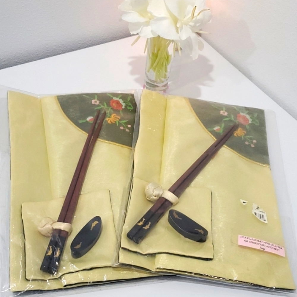 Gift Set Silk Placemats & Coasters with Dolphin Design Chopsticks & Rests.